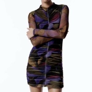 Zara printed rouched tulle body con mini dress